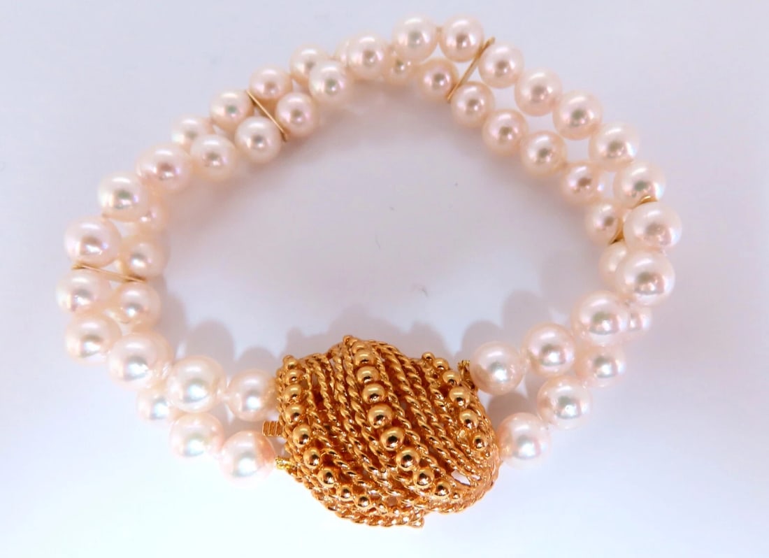 6.75mm Akoya pearls pearls double stranded bracelet 14kt Shell Twist Clasp** - 2