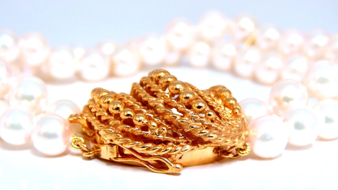 6.75mm Akoya pearls pearls double stranded bracelet 14kt Shell Twist Clasp** - 3