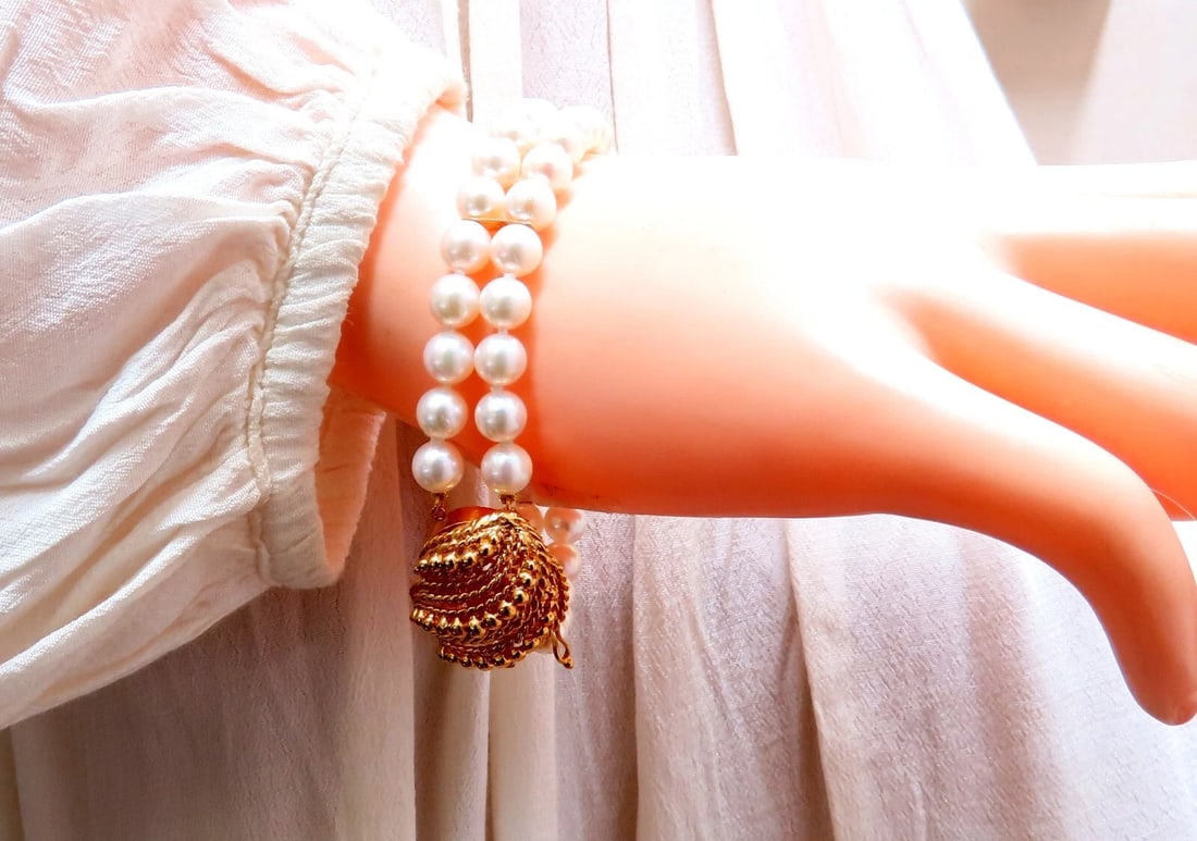6.75mm Akoya pearls pearls double stranded bracelet 14kt Shell Twist Clasp** - 6