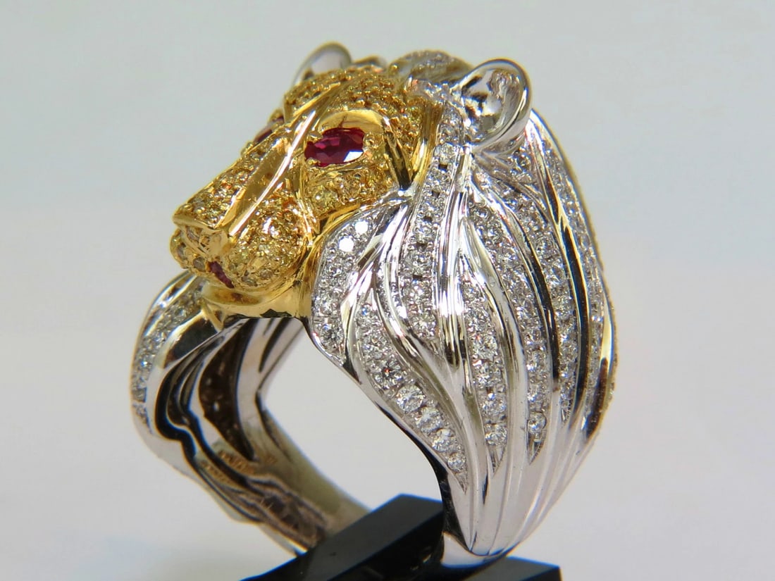 18KT ITALY UNISEX HUGE 3.40CT NATURAL DIAMONDS RUBY LION RING *v - 5