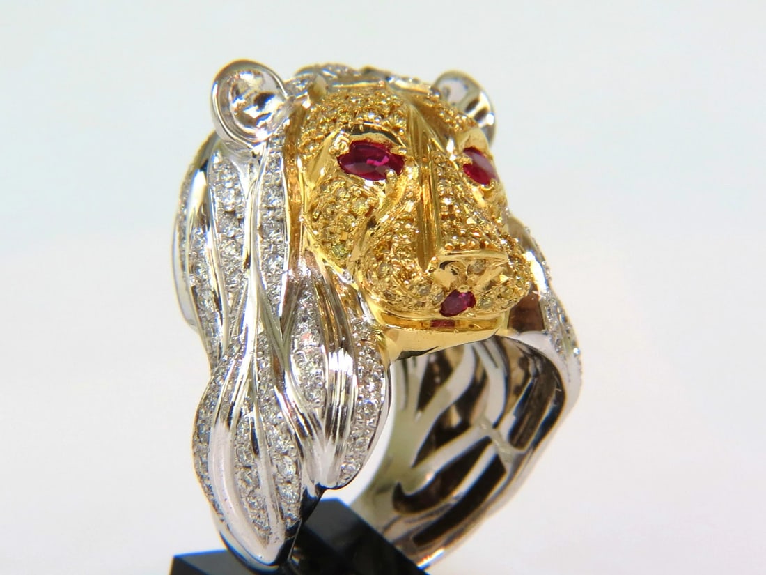 18KT ITALY UNISEX HUGE 3.40CT NATURAL DIAMONDS RUBY LION RING *v - 6