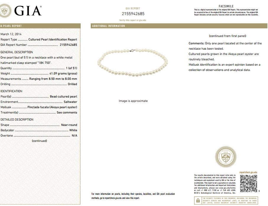 GIA 8.5mm NATURAL AKOYA WHITE PEARLS NECKLACE 14KT GOLD BALL CLASP 18inch** - 4