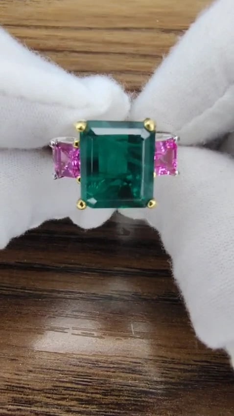 GIA 8.73ct. Lab Created Emerald Pink Sapphire Diamonds Ring 14kt 41100 *v - 2