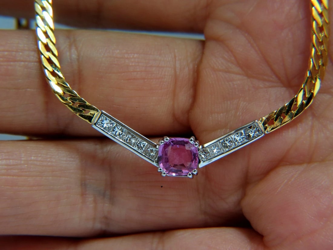 GIA 2.52ct NATURAL NO HEAT PINK SAPPHIRE DIAMONDS "V" NECKLACE 14KT ** - 4