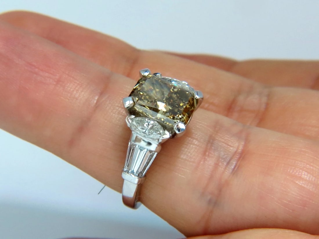 GIA 3.12ct. radiant fancy brown green yellow diamonds platinum ring *v - 5