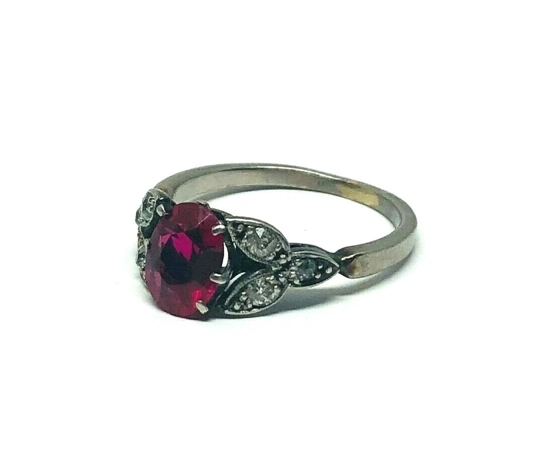 1950’s Platinum Synthetic Ruby Rose Cut Diamond Ring Flower Leaves ( Lab Created - 2