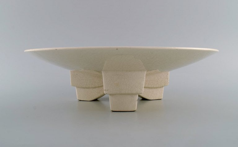 Longwy, France. Art deco bowl in glazed stoneware on tripod. Crackle design. 1940s. - 3