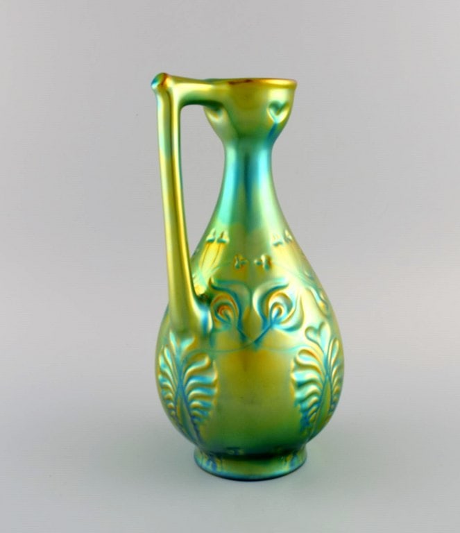Zsolnay jug in glazed ceramics modeled with foliage. Beautiful eosin glaze. 1960s. - 7