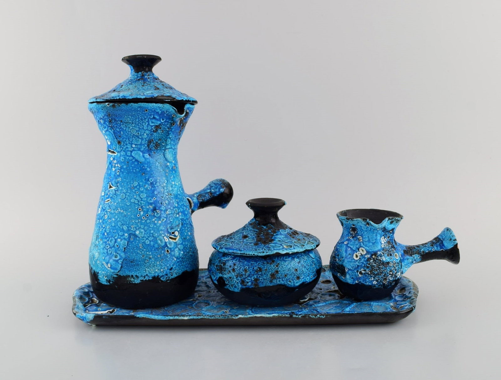 French ceramist. Unique coffee service in glazed stoneware. Beautiful glaze in light blue shades. - 2