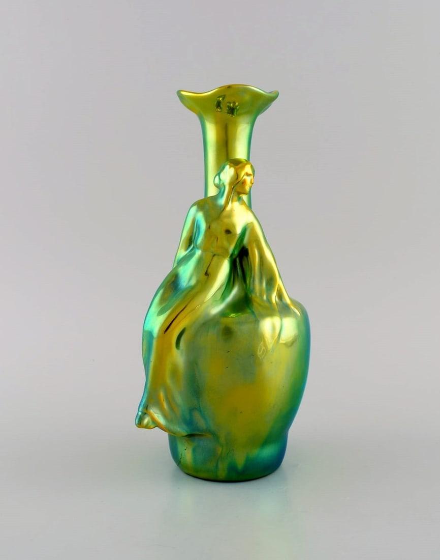 Zsolnay art nouveau vase in glazed ceramics modeled with sitting woman. Beautiful luster glaze. 20th (1 of 8)