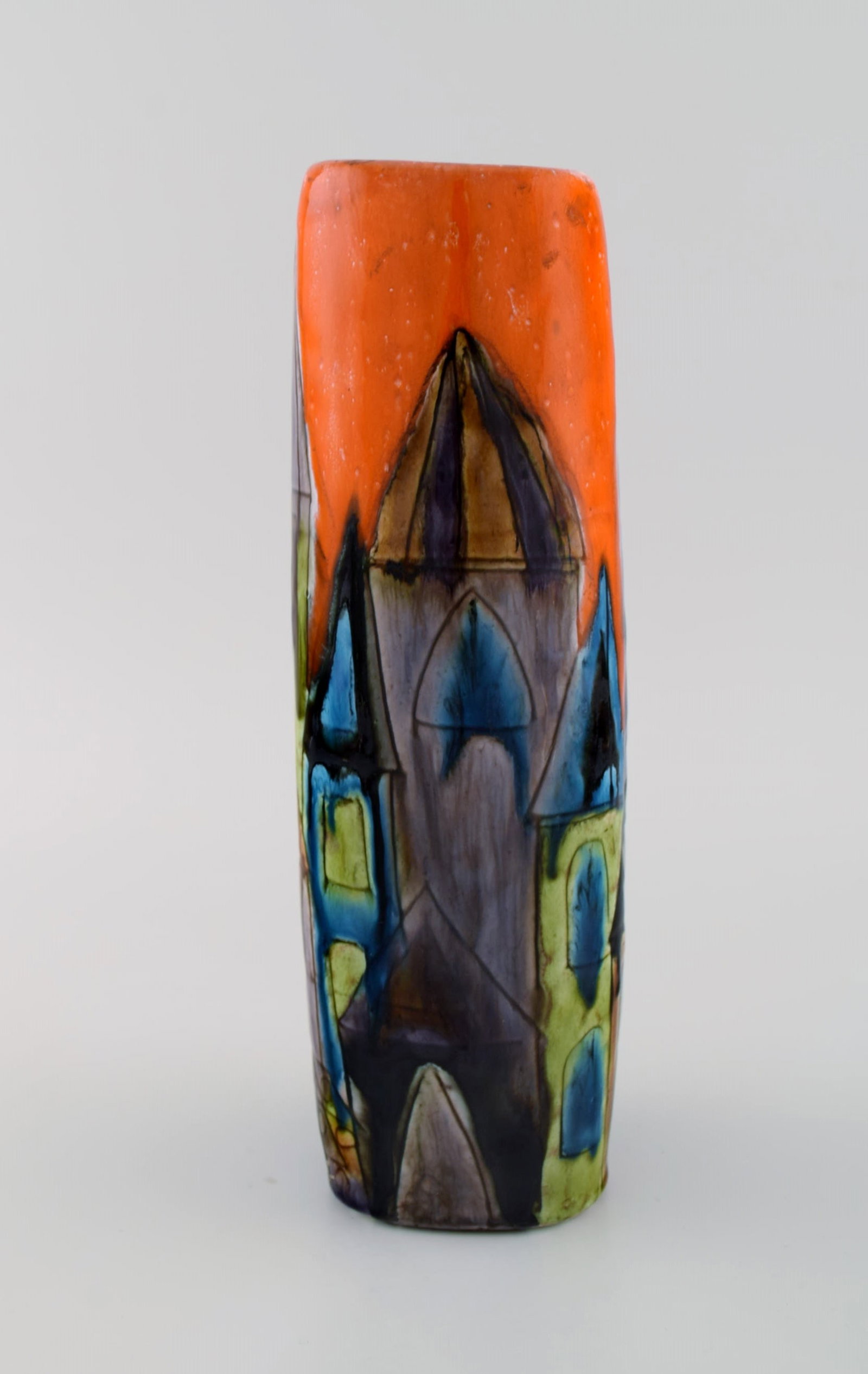 Elio Schiavon (1925-2004), Italy. Unique vase in glazed ceramics with hand-painted city motif. - 3