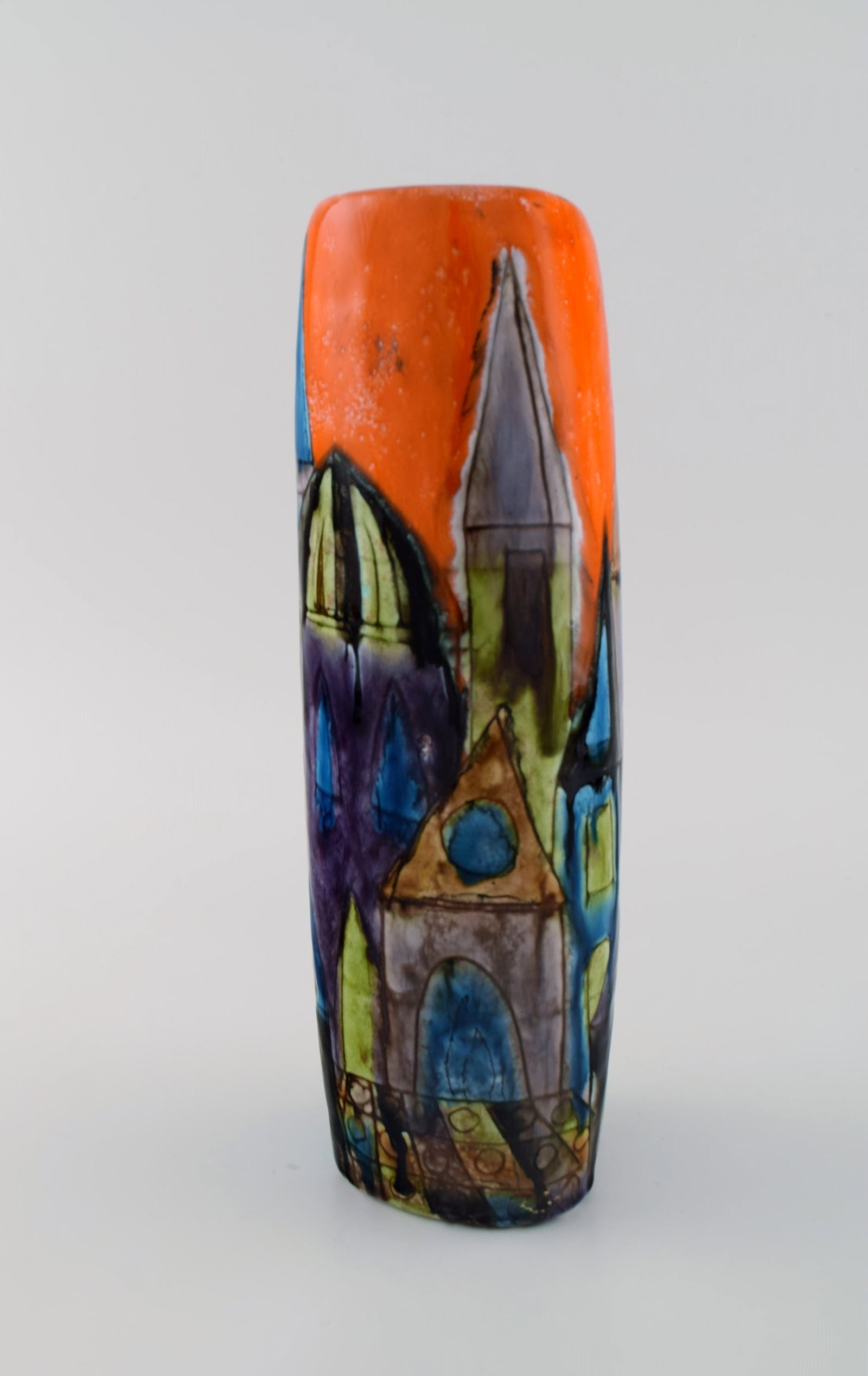 Elio Schiavon (1925-2004), Italy. Unique vase in glazed ceramics with hand-painted city motif. - 4