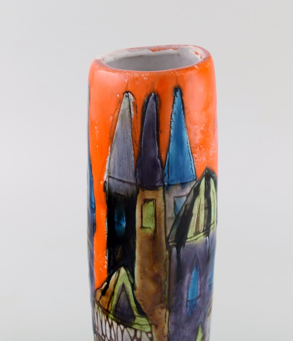 Elio Schiavon (1925-2004), Italy. Unique vase in glazed ceramics with hand-painted city motif. - 5