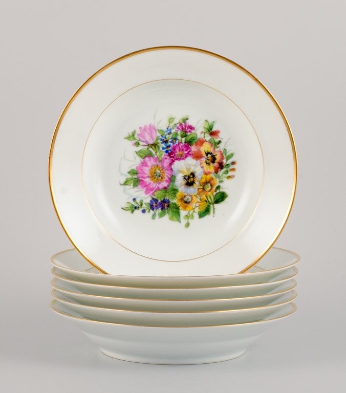 Bing & Grøndahl, six deep plates in porcelain hand-painted with polychrome flowers and gold (1 of 9)