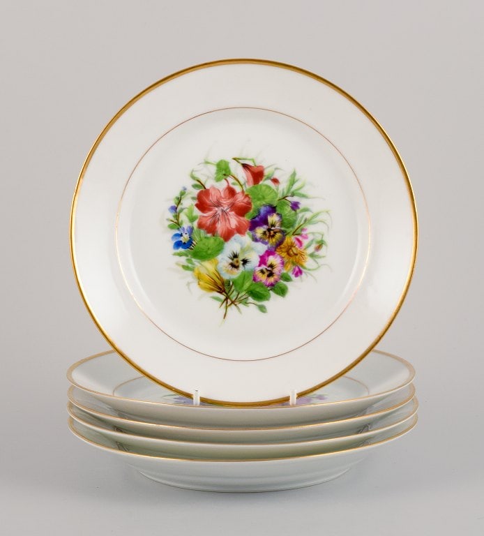 Bing & Grøndahl, five porcelain lunch plates hand-painted with polychrome flowers and gold (1 of 7)