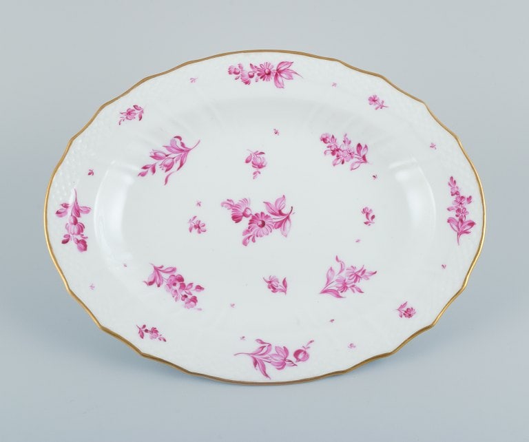Royal Copenhagen, oval serving dish hand painted with purple flowers and gold rim. - 2