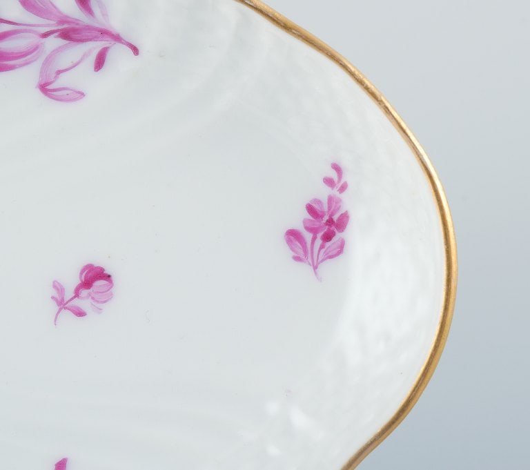 Royal Copenhagen, oval dish hand painted with purple flowers and gold rim. - 4