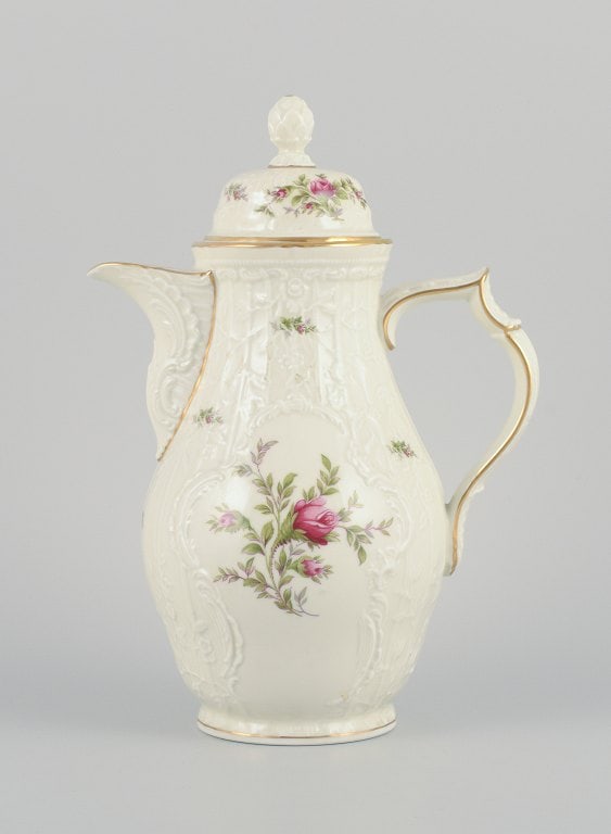 Rosenthal, Germany. "Sanssouci", cream colored coffee pot decorated with flowers and gold. (1 of 6)
