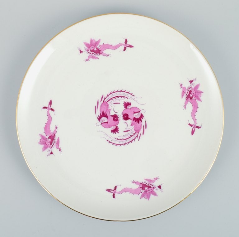 Meissen, Germany, Rich Court Dragon, round dish in purple with gold decoration. Hand painted. (1 of 5)
