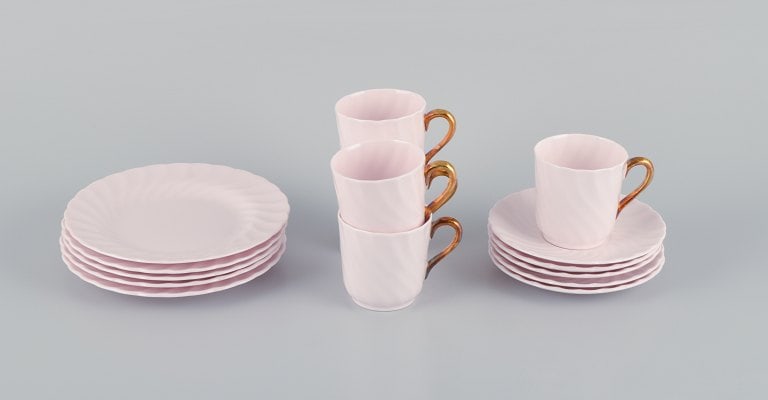 Tuscan, England, five-person coffee service in pink porcelain with gold decoration. (1 of 8)