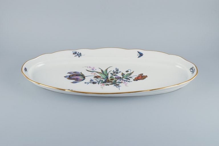 Meissen, Germany. Large fish platter, hand painted with flowers and insects and gold rim. - 2