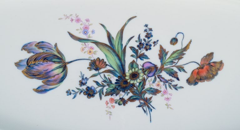 Meissen, Germany. Large fish platter, hand painted with flowers and insects and gold rim. - 5