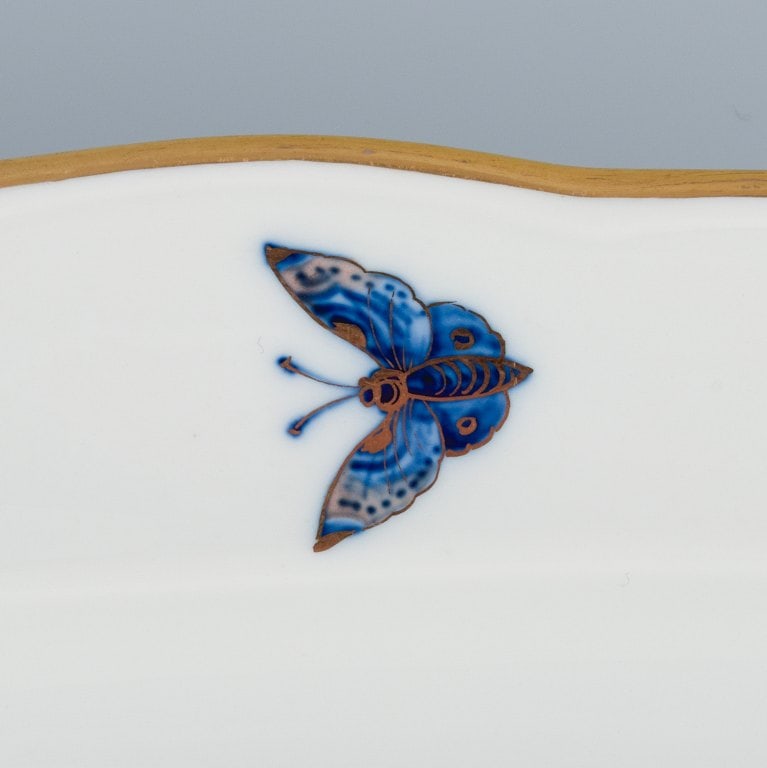 Meissen, Germany. Large fish platter, hand painted with flowers and insects and gold rim. - 6