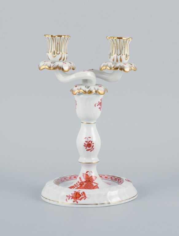 Herend, Hungary, two-armed porcelain footed candlestick, hand-painted with orange flowers. (1 of 7)