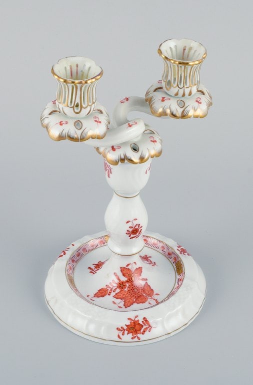 Herend, Hungary, two-armed porcelain footed candlestick, hand-painted with orange flowers. - 4
