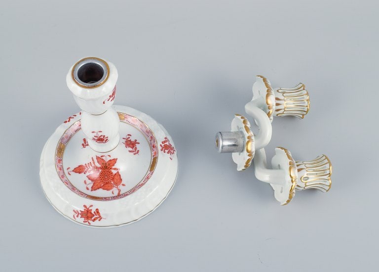 Herend, Hungary, two-armed porcelain footed candlestick, hand-painted with orange flowers. - 6