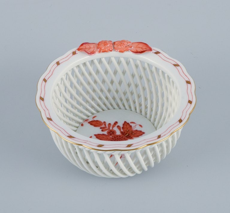 Herend, Hungary, reticulated porcelain bowl, hand painted with orange flowers. - 2