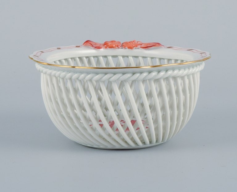 Herend, Hungary, reticulated porcelain bowl, hand painted with orange flowers. - 4