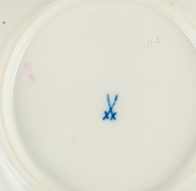 Meissen, Germany, four plates hand painted with flowers and gold decoration. - 7