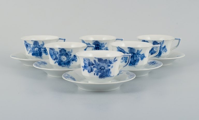 Royal Copenhagen, blue flower angular, six coffee cups with six saucers. - 3