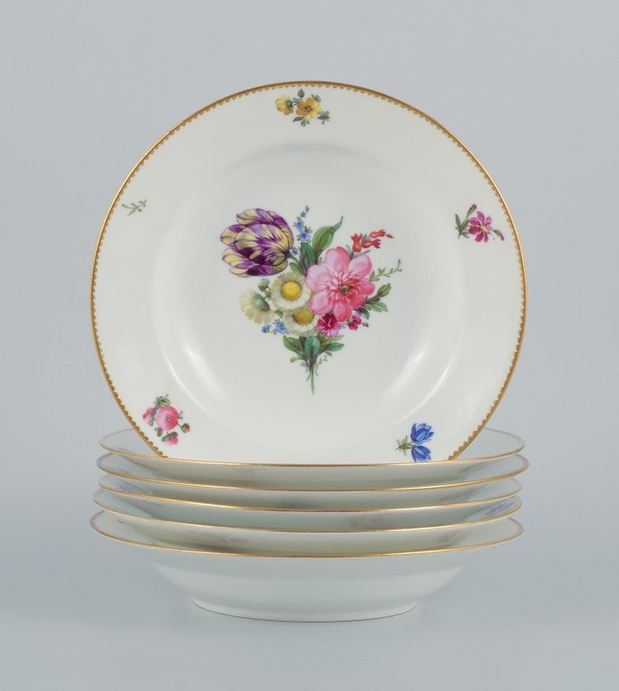 B&G, Bing & Grondahl Saxon flower. Six deep plates decorated with flowers and gold rim. (1 of 9)