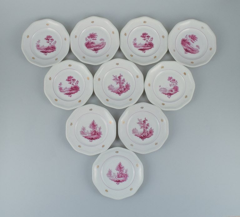 Rosenthal, a set of ten plates, hand painted in purple with landscape scenes. (1 of 7)