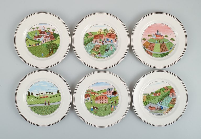 Villeroy & Boch, design Gérard Laplau. A set of six porcelain plates.: Villeroy & Boch, design Gérard Laplau. A set of six porcelain plates with motifs of families, villages and biblical scenes in a naivist style. In excellent condition. Marked. Measuring: D 16,7