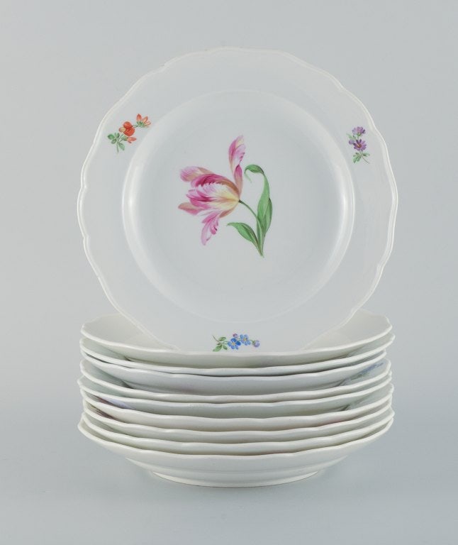 Ten antique Meissen dinner plates. Hand painted with various polychrome flowers. - 2