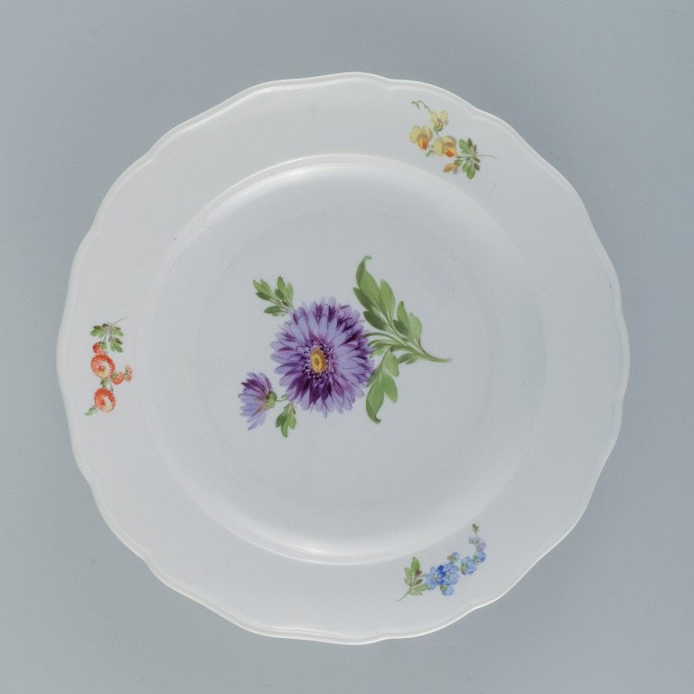 Ten antique Meissen dinner plates. Hand painted with various polychrome flowers. - 5