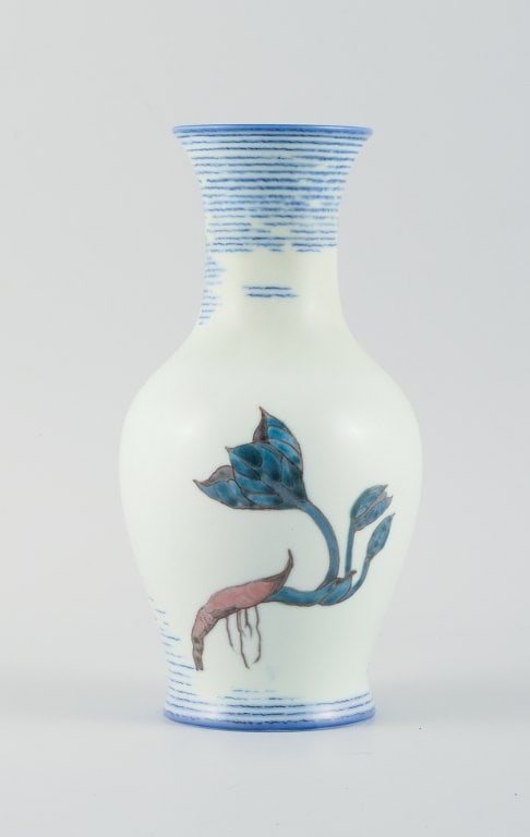 Jo Hahn Locher (1876-1960) for Bing & Grøndahl. Art Deco unique vase decorated with branches: Jo Hahn Locher (1876-1960) for Bing & Grøndahl. Art Deco unique vase decorated with branches and flowers. 1930s. Marked. First factory quality. Measurements: H 24.5 cm. x D 13.0 cm. In excellent