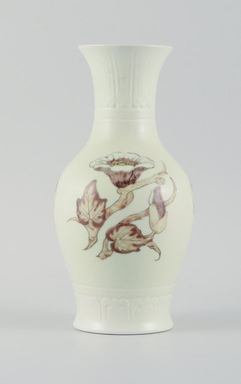 Jo Hahn Locher (1876-1960) for Bing & Grøndahl. Art Deco unique vase decorated with branches: Jo Hahn Locher (1876-1960) for Bing & Grøndahl. Art Deco unique vase decorated with branches and flowers. 1930s. Marked. First factory quality. Measurements: H 24.5 cm. x D 13.0 cm. In excellent