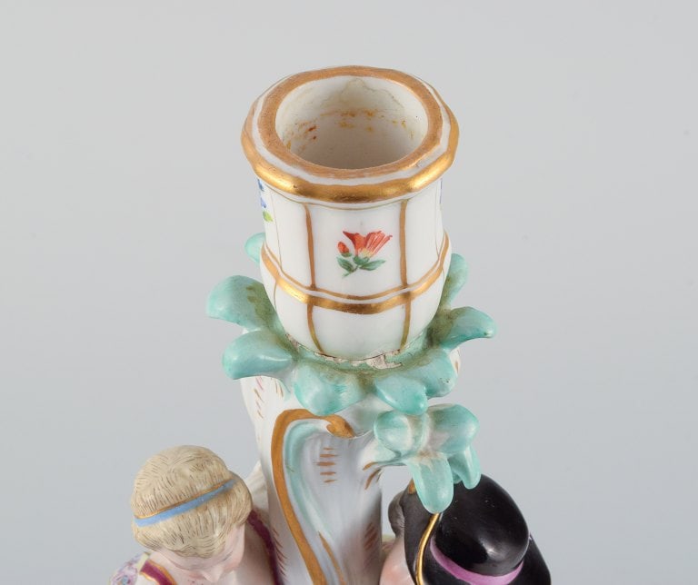 Large antique Meissen candlestick in hand-painted porcelain decorated with flowers, insects and - 6