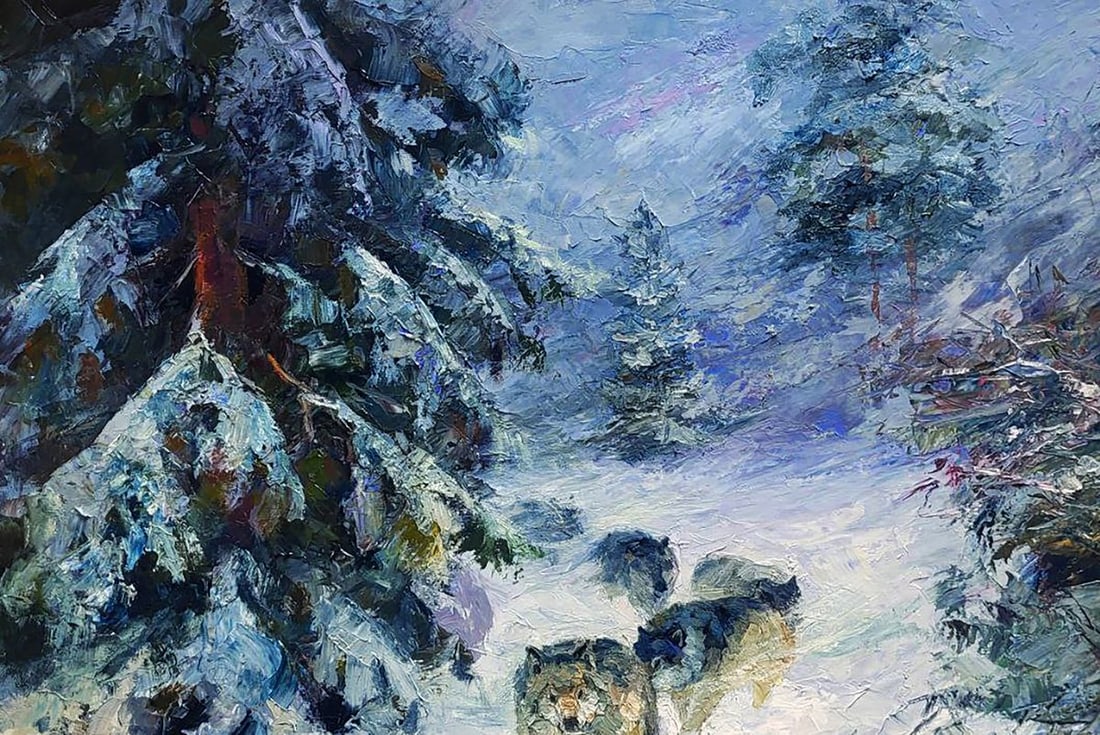 Oil painting Wolf Pack In The Winter Forest Boris Serdyuk - 4