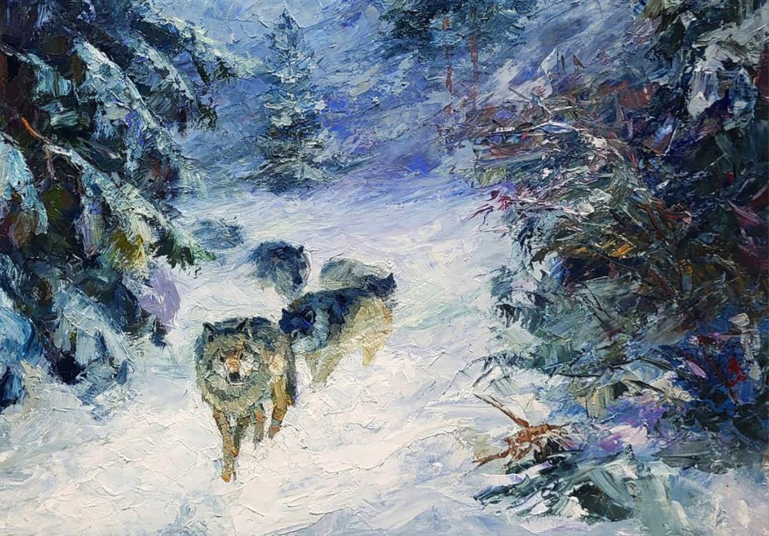 Oil painting Wolf Pack In The Winter Forest Boris Serdyuk - 7