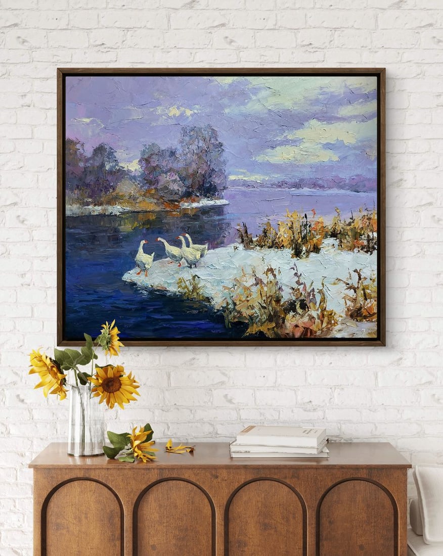 Oil painting Geese On A Pond In Winter Boris Serdyuk - 2