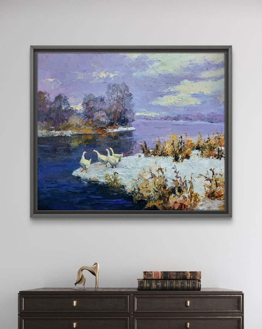 Oil painting Geese On A Pond In Winter Boris Serdyuk - 3