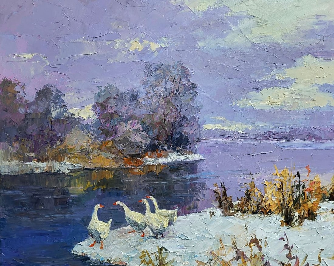 Oil painting Geese On A Pond In Winter Boris Serdyuk - 4