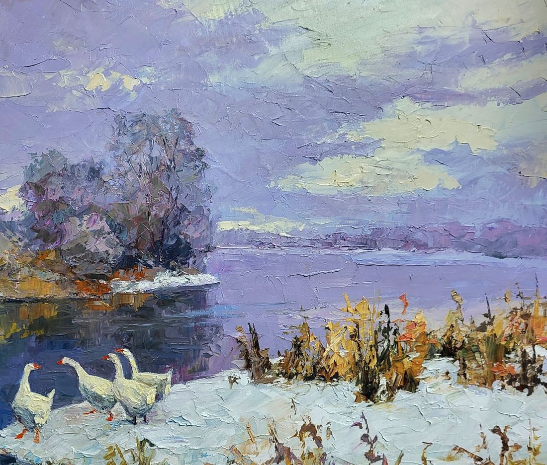 Oil painting Geese On A Pond In Winter Boris Serdyuk - 5