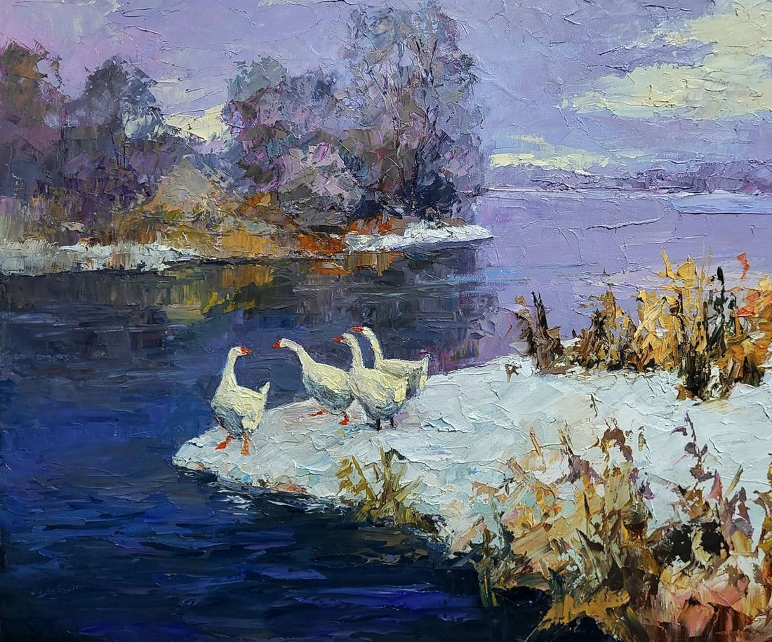 Oil painting Geese On A Pond In Winter Boris Serdyuk - 6