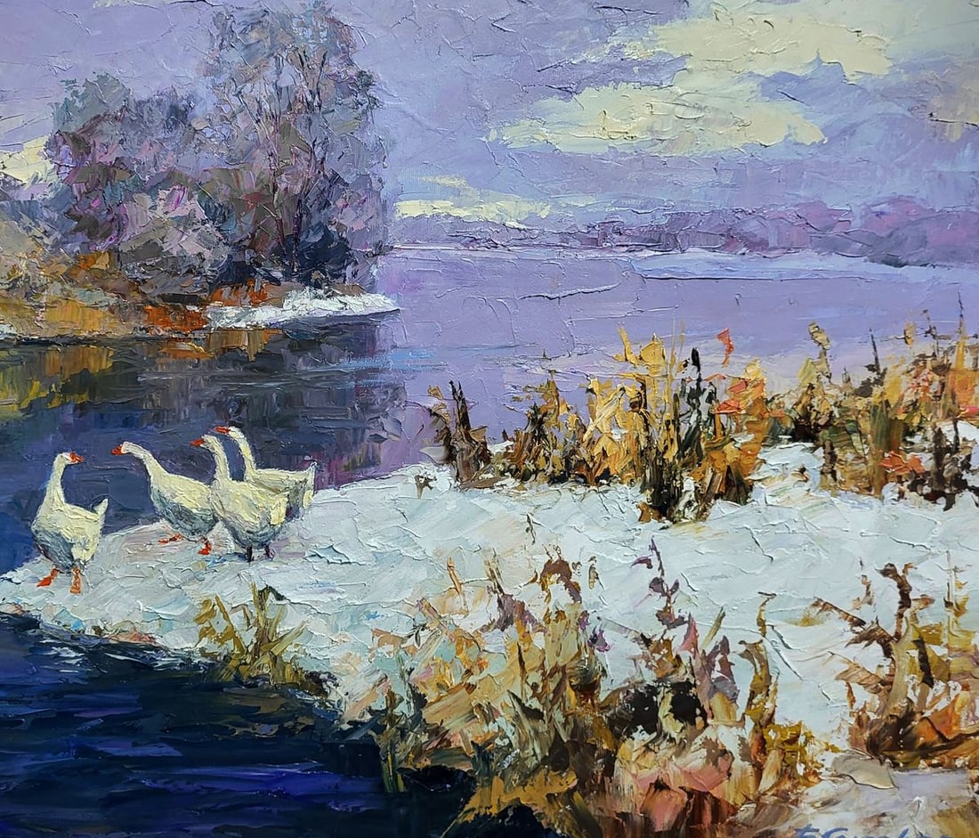Oil painting Geese On A Pond In Winter Boris Serdyuk - 7